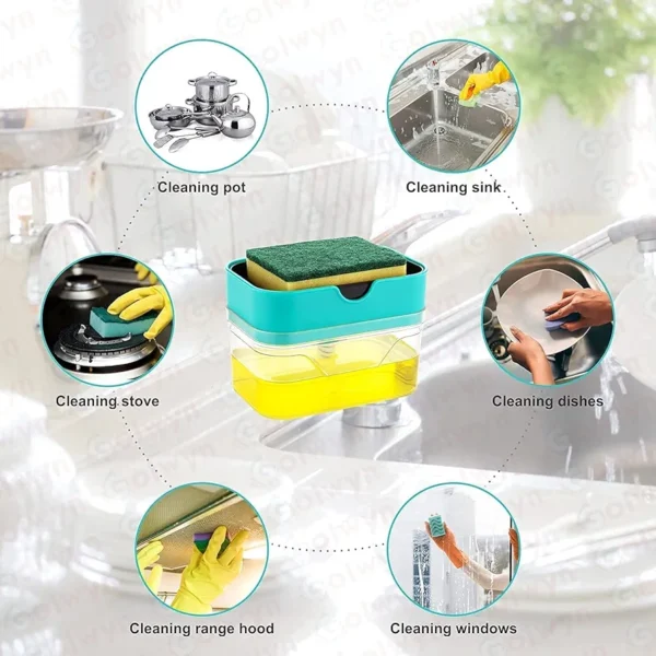 Soap Dispenser with Sponge Holder for Kitchen Sink | Leak Proof Liquid Soap Pump Container for Dishwashing & Cleaning