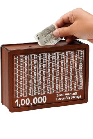 71aKh7gE1AL._SY879_ Wooden Money Box with Savings Tracker | 1 Lakh Goal Piggy Bank for Kids & Adults | Cash Collection Bank with Savings Chart