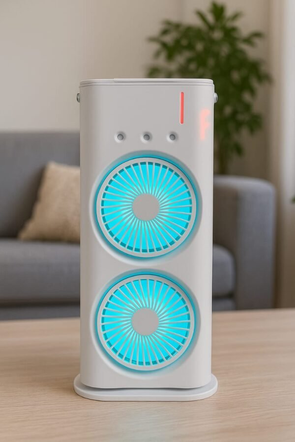 IMG-20250815-WA0001 Portable USB Rechargeable Dual Fan with LED Light | Mini Cooling Fan for Home & Office